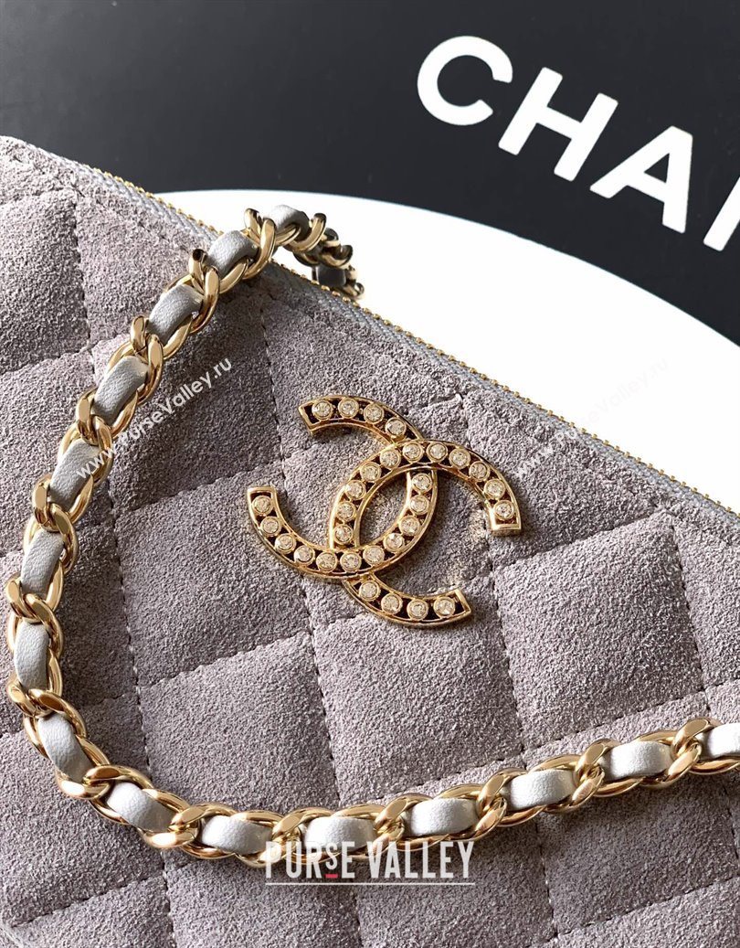 Chanel Suede Zipped Phone Holder with Chain and Strass Grey 2025 CH101102 (yezi-251011042)