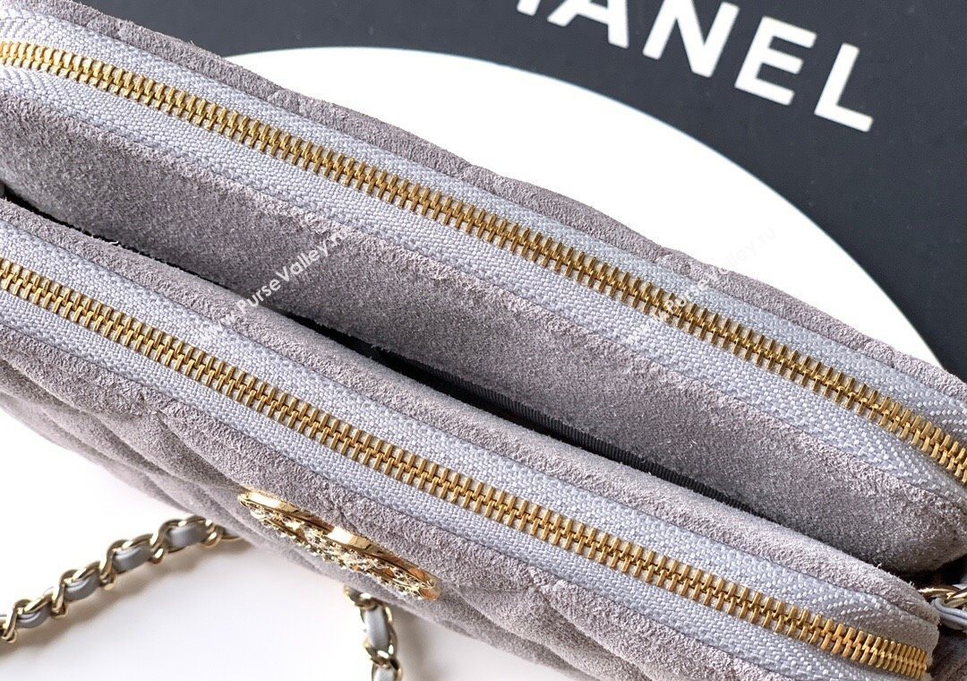 Chanel Suede Zipped Phone Holder with Chain and Strass Grey 2025 CH101102 (yezi-251011042)
