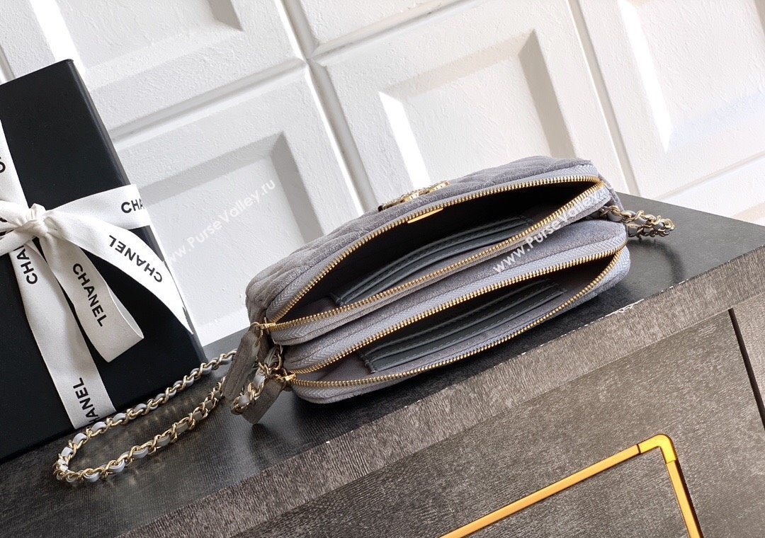 Chanel Suede Zipped Phone Holder with Chain and Strass Grey 2025 CH101102 (yezi-251011042)