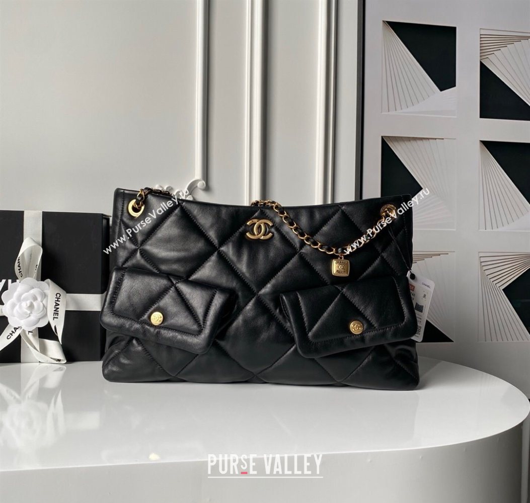 Chanel Shiny Lambskin Shopping Bag with Pockets Black 2025 AS5740 (yezi-251011049)
