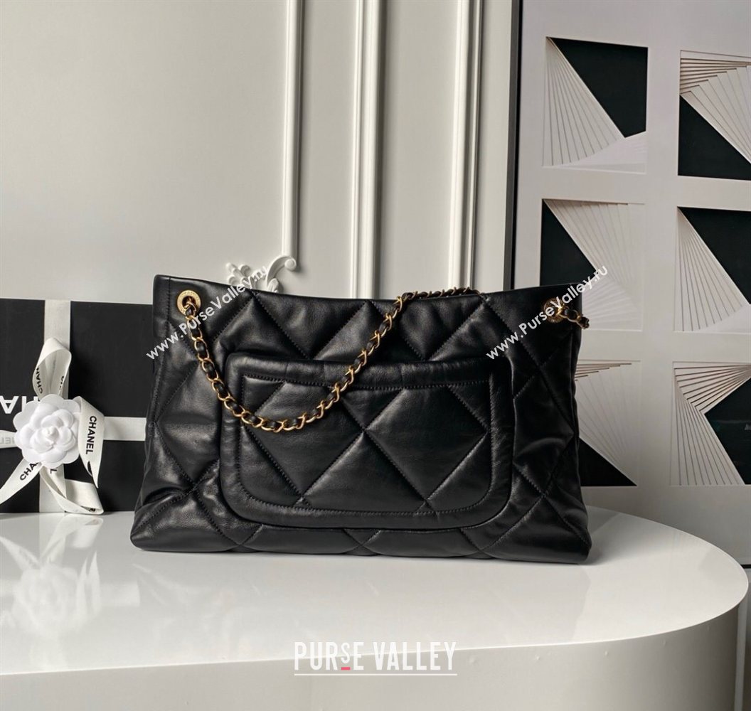 Chanel Shiny Lambskin Shopping Bag with Pockets Black 2025 AS5740 (yezi-251011049)