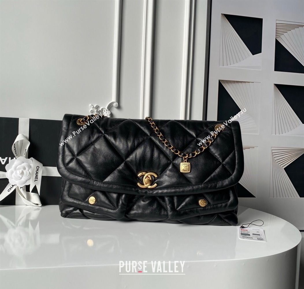 Chanel Shiny Lambskin Maxi Flap bag with Pockets Black 2025 AS5727 (yezi-251011050)