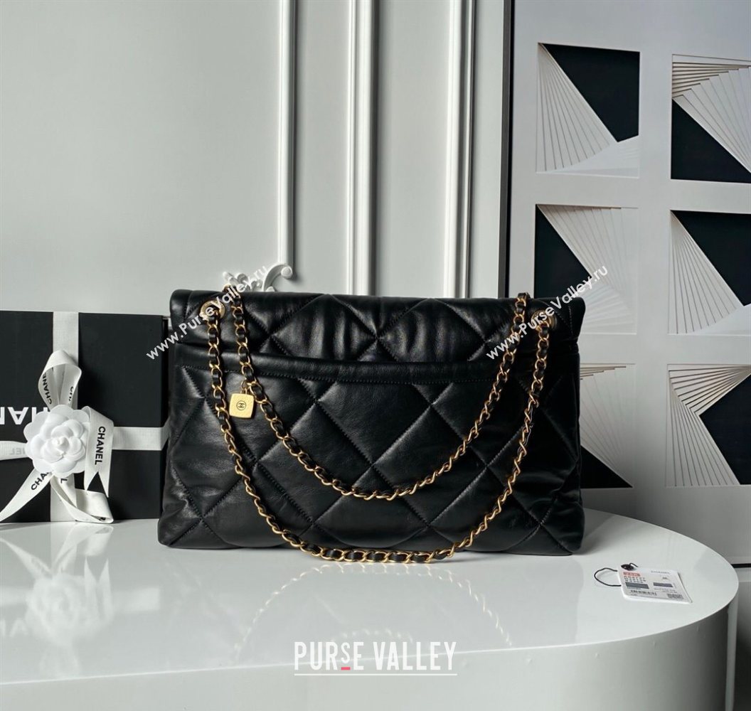 Chanel Shiny Lambskin Maxi Flap bag with Pockets Black 2025 AS5727 (yezi-251011050)