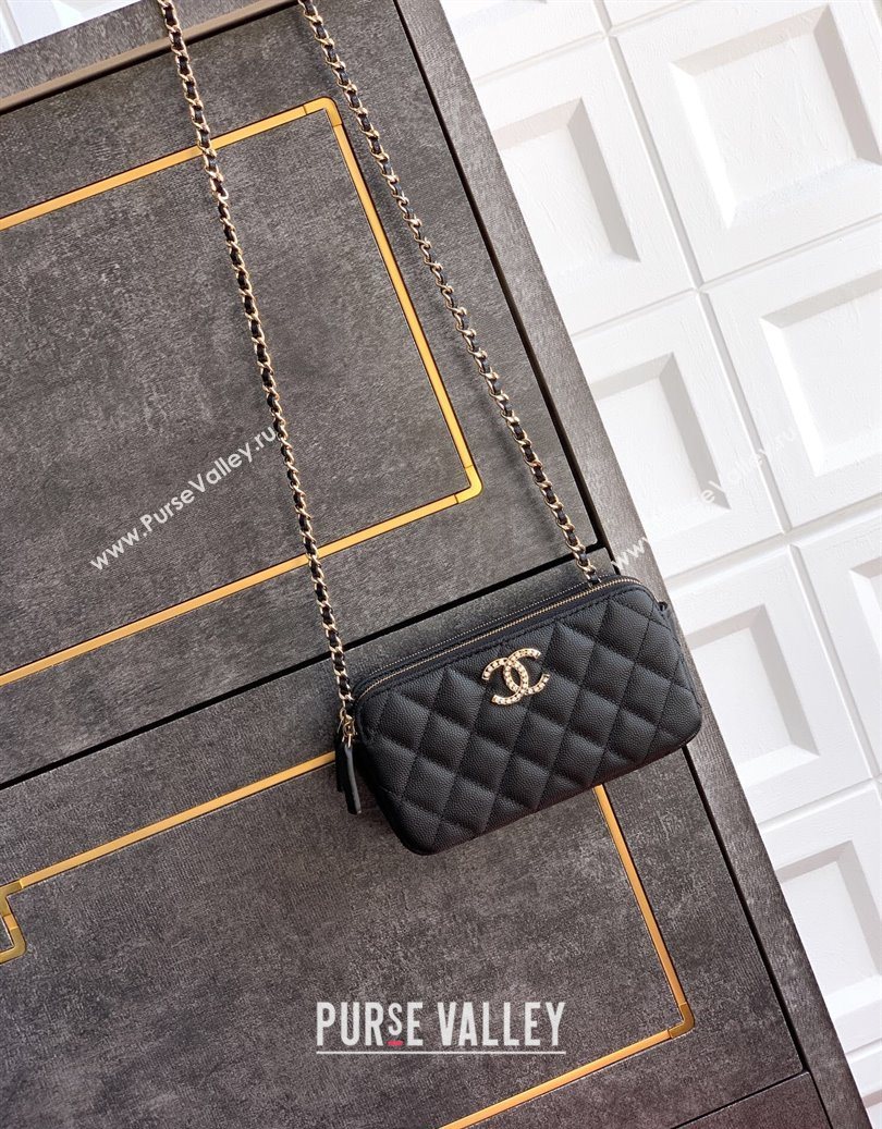 Chanel Grained Calfskin Zipped Phone Holder with Chain and Strass Black 2025 CH101102 (yezi-251011043)