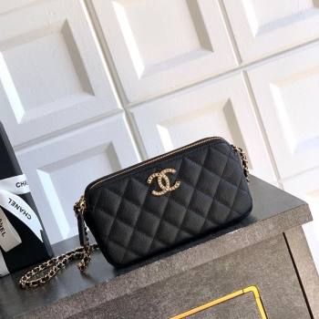 Chanel Grained Calfskin Zipped Phone Holder with Chain and Strass Black 2025 CH101102 (yezi-251011043)