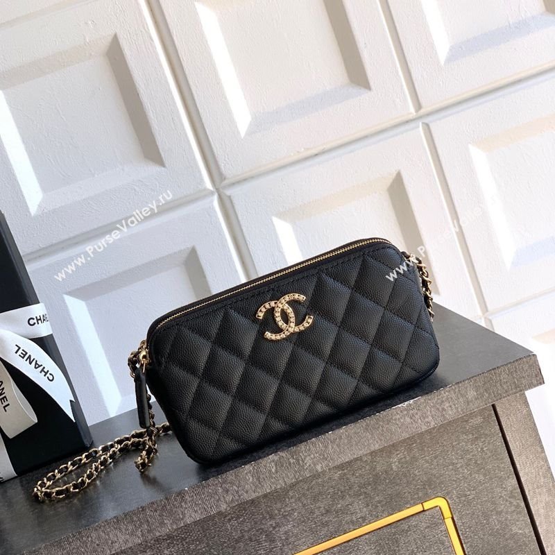 Chanel Grained Calfskin Zipped Phone Holder with Chain and Strass Black 2025 CH101102 (yezi-251011043)