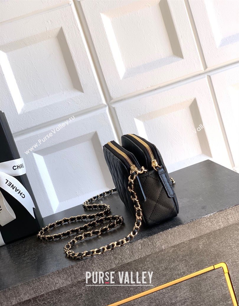 Chanel Grained Calfskin Zipped Phone Holder with Chain and Strass Black 2025 CH101102 (yezi-251011043)
