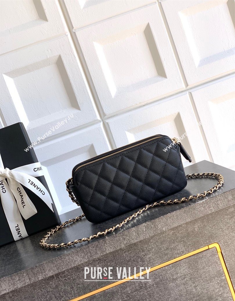 Chanel Grained Calfskin Zipped Phone Holder with Chain and Strass Black 2025 CH101102 (yezi-251011043)
