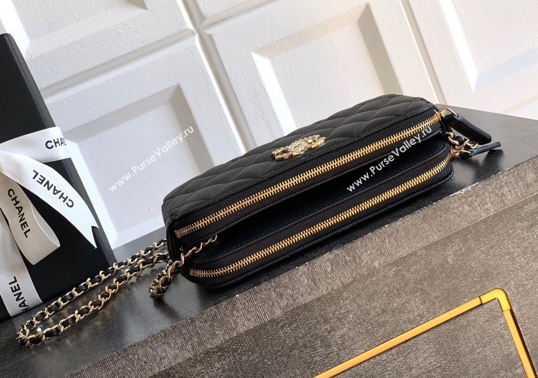 Chanel Grained Calfskin Zipped Phone Holder with Chain and Strass Black 2025 CH101102 (yezi-251011043)