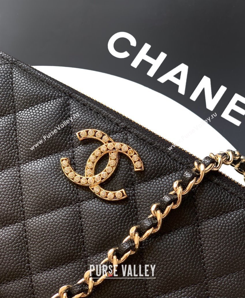Chanel Grained Calfskin Zipped Phone Holder with Chain and Strass Black 2025 CH101102 (yezi-251011043)