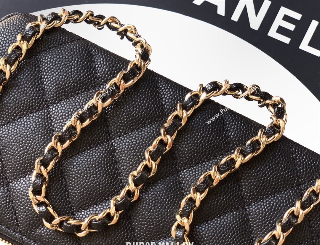 Chanel Grained Calfskin Zipped Phone Holder with Chain and Strass Black 2025 CH101102 (yezi-251011043)