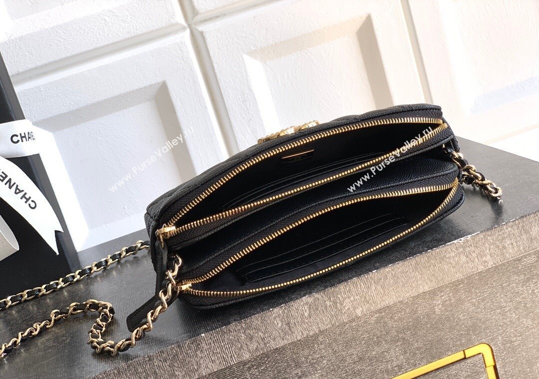 Chanel Grained Calfskin Zipped Phone Holder with Chain and Strass Black 2025 CH101102 (yezi-251011043)