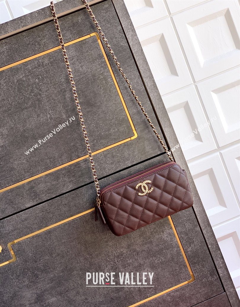 Chanel Grained Calfskin Zipped Phone Holder with Chain and Strass Coffee Brown 2025 CH101102 (yezi-251011044)