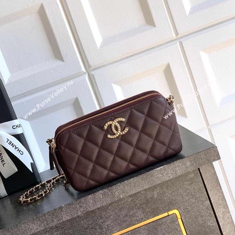 Chanel Grained Calfskin Zipped Phone Holder with Chain and Strass Coffee Brown 2025 CH101102 (yezi-251011044)