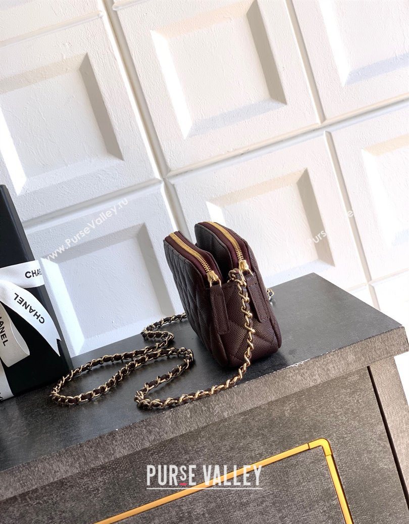 Chanel Grained Calfskin Zipped Phone Holder with Chain and Strass Coffee Brown 2025 CH101102 (yezi-251011044)