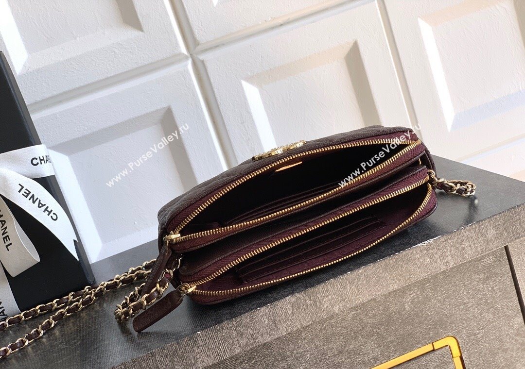 Chanel Grained Calfskin Zipped Phone Holder with Chain and Strass Coffee Brown 2025 CH101102 (yezi-251011044)