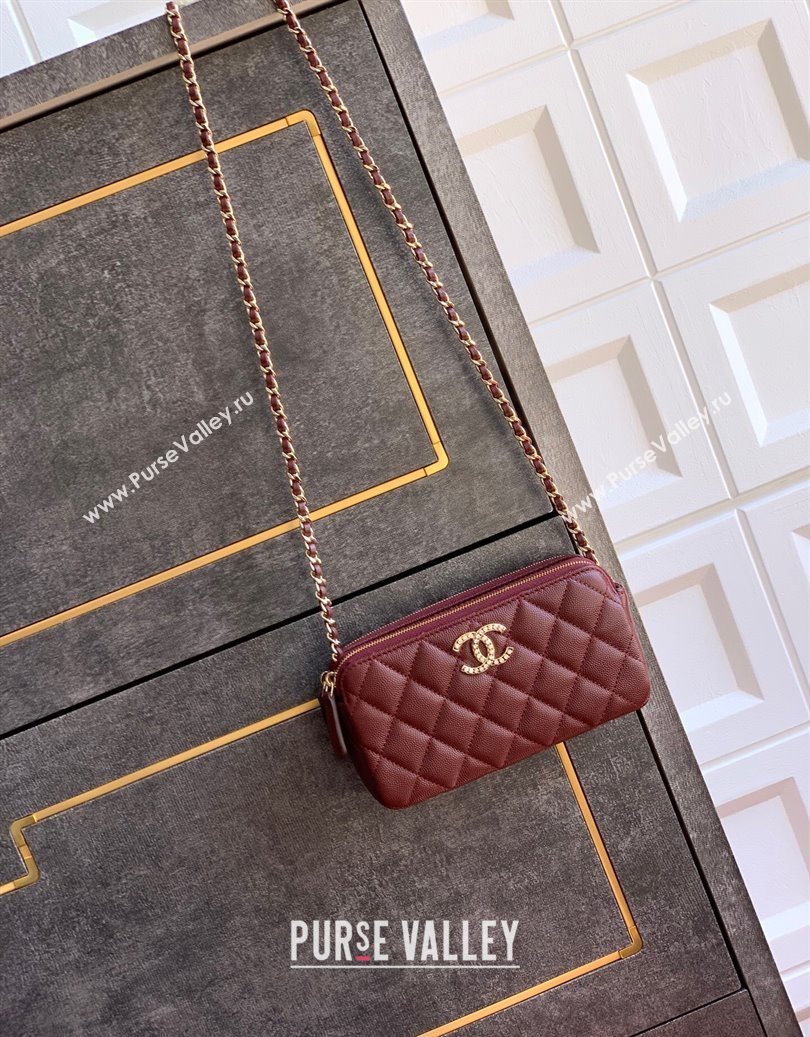 Chanel Grained Calfskin Zipped Phone Holder with Chain and Strass Burgundy 2025 CH101102 (yezi-251011045)