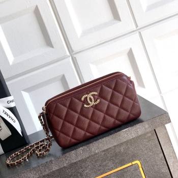 Chanel Grained Calfskin Zipped Phone Holder with Chain and Strass Burgundy 2025 CH101102 (yezi-251011045)