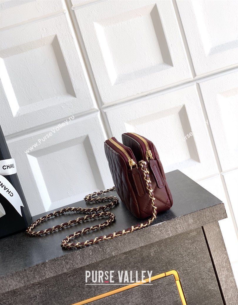 Chanel Grained Calfskin Zipped Phone Holder with Chain and Strass Burgundy 2025 CH101102 (yezi-251011045)