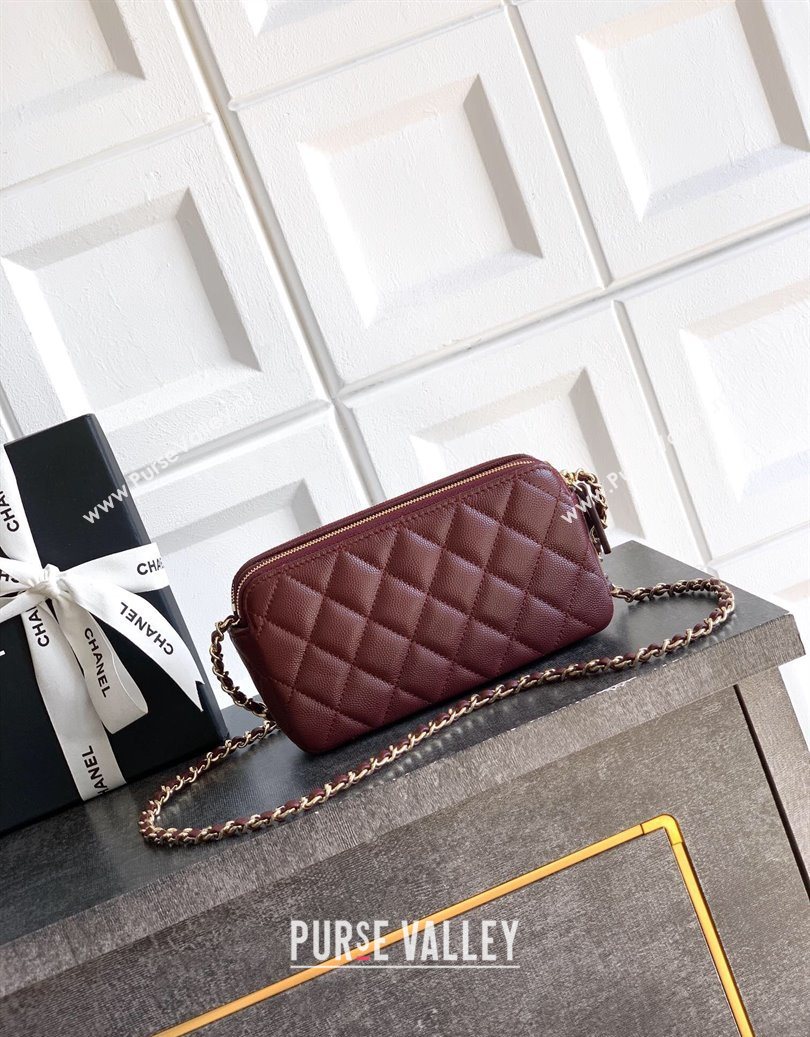 Chanel Grained Calfskin Zipped Phone Holder with Chain and Strass Burgundy 2025 CH101102 (yezi-251011045)