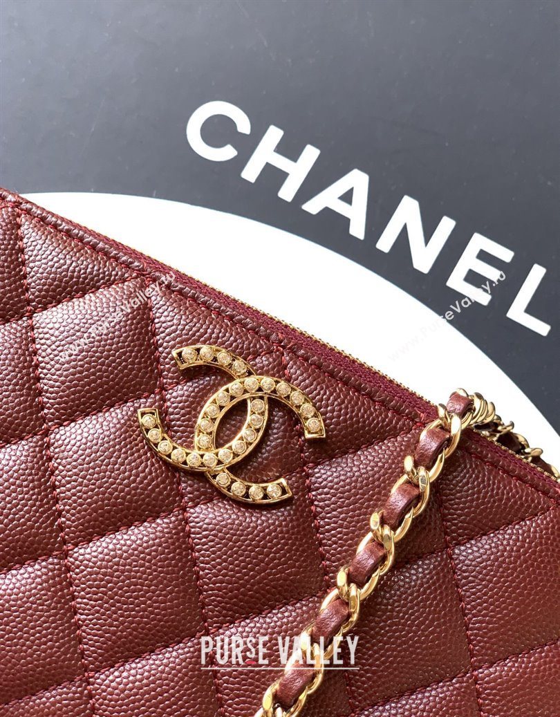 Chanel Grained Calfskin Zipped Phone Holder with Chain and Strass Burgundy 2025 CH101102 (yezi-251011045)