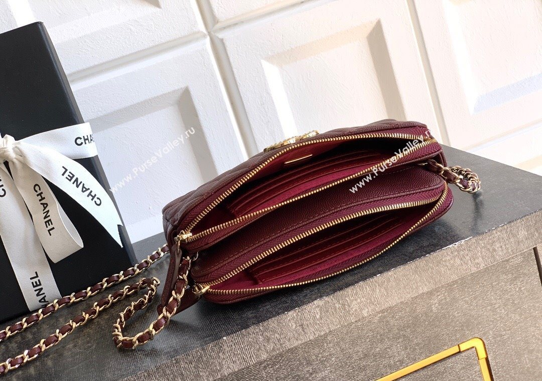 Chanel Grained Calfskin Zipped Phone Holder with Chain and Strass Burgundy 2025 CH101102 (yezi-251011045)