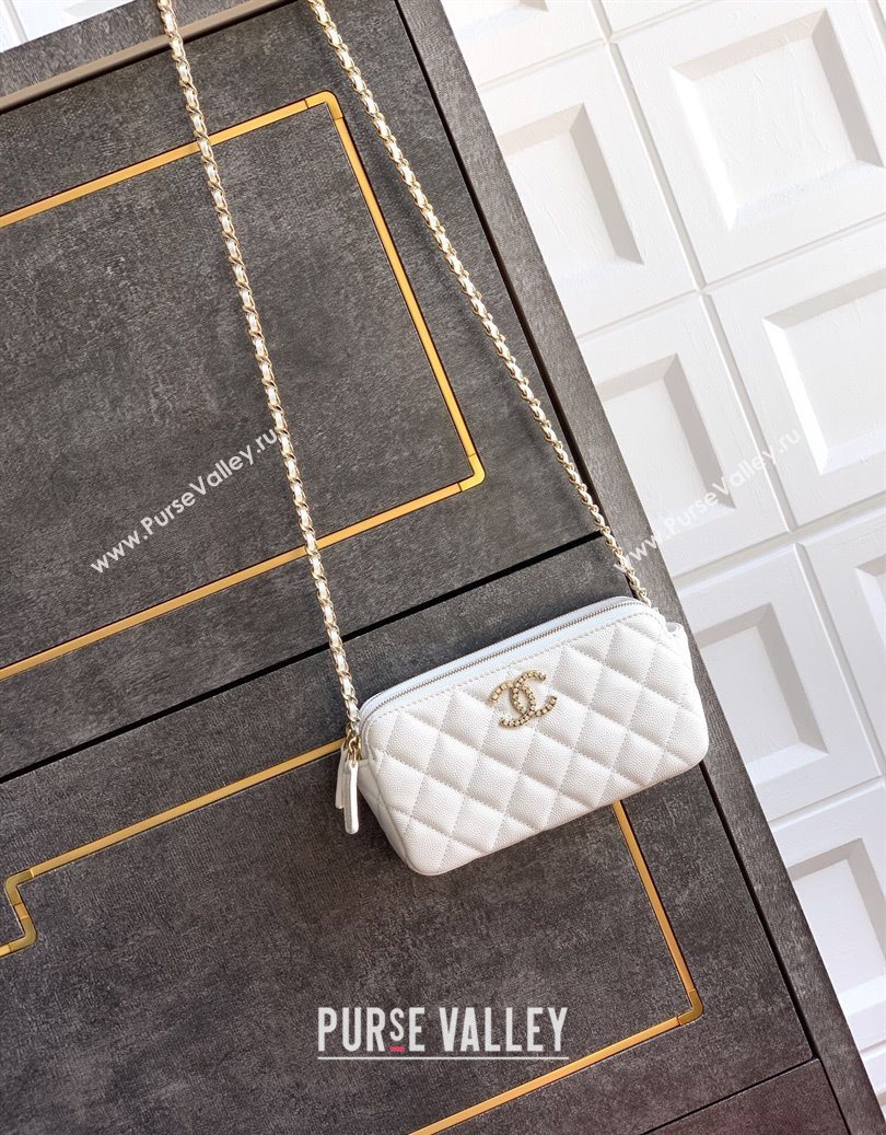 Chanel Grained Calfskin Zipped Phone Holder with Chain and Strass White 2025 CH101102 (yezi-251011046)