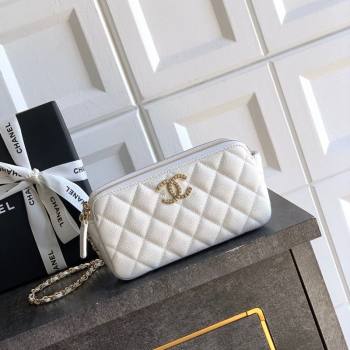 Chanel Grained Calfskin Zipped Phone Holder with Chain and Strass White 2025 CH101102 (yezi-251011046)