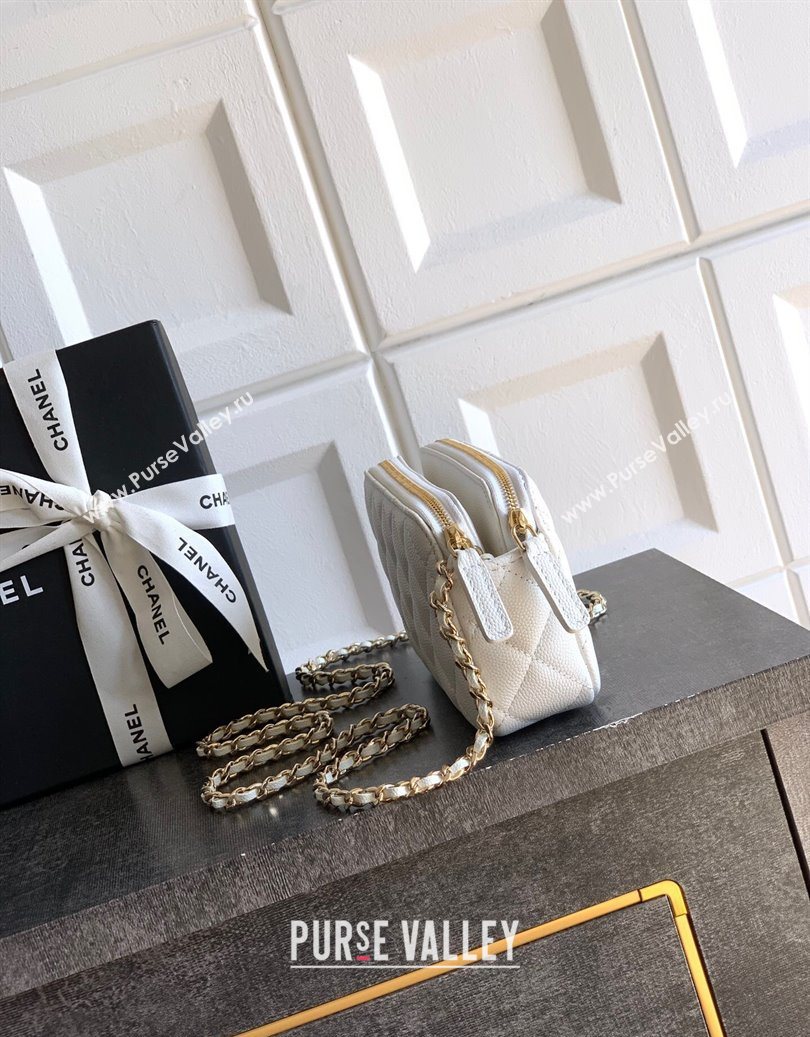 Chanel Grained Calfskin Zipped Phone Holder with Chain and Strass White 2025 CH101102 (yezi-251011046)