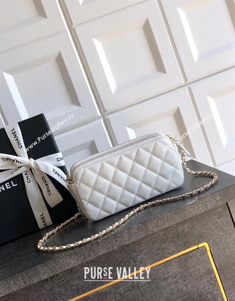 Chanel Grained Calfskin Zipped Phone Holder with Chain and Strass White 2025 CH101102 (yezi-251011046)