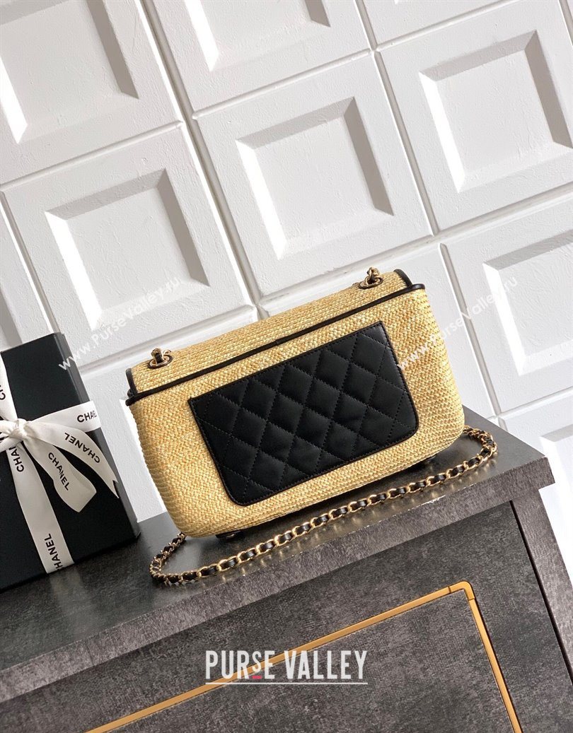 Chanel Raffia Straw and Calfskin Large Flap Bag AS5929 Beige/Black 2025 (yezi-251011017)