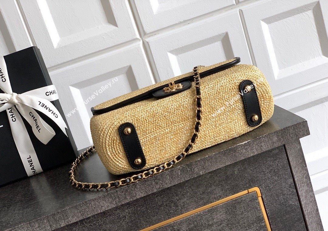 Chanel Raffia Straw and Calfskin Large Flap Bag AS5929 Beige/Black 2025 (yezi-251011017)