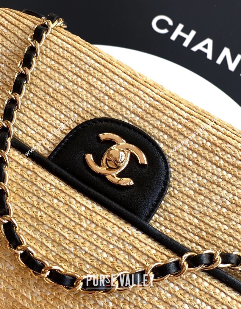Chanel Raffia Straw and Calfskin Large Flap Bag AS5929 Beige/Black 2025 (yezi-251011017)