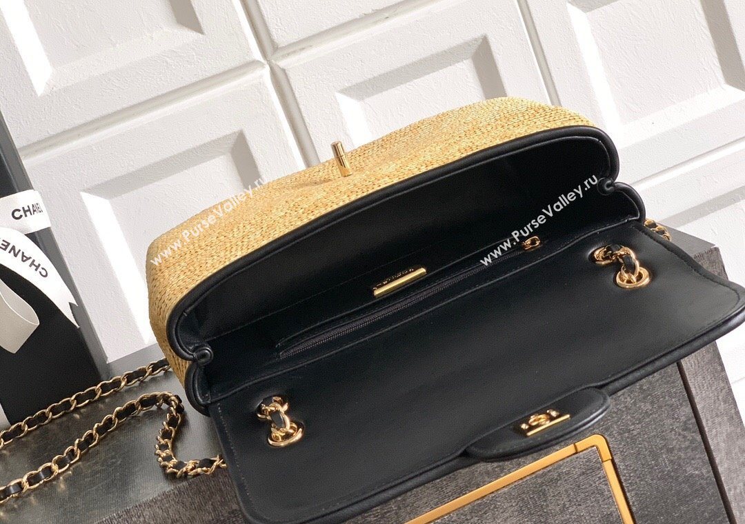 Chanel Raffia Straw and Calfskin Large Flap Bag AS5929 Beige/Black 2025 (yezi-251011017)