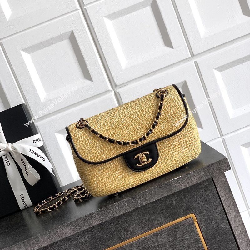 Chanel Raffia Straw and Calfskin Small Flap Bag AS5929 Beige/Black 2025 (yezi-251011016)