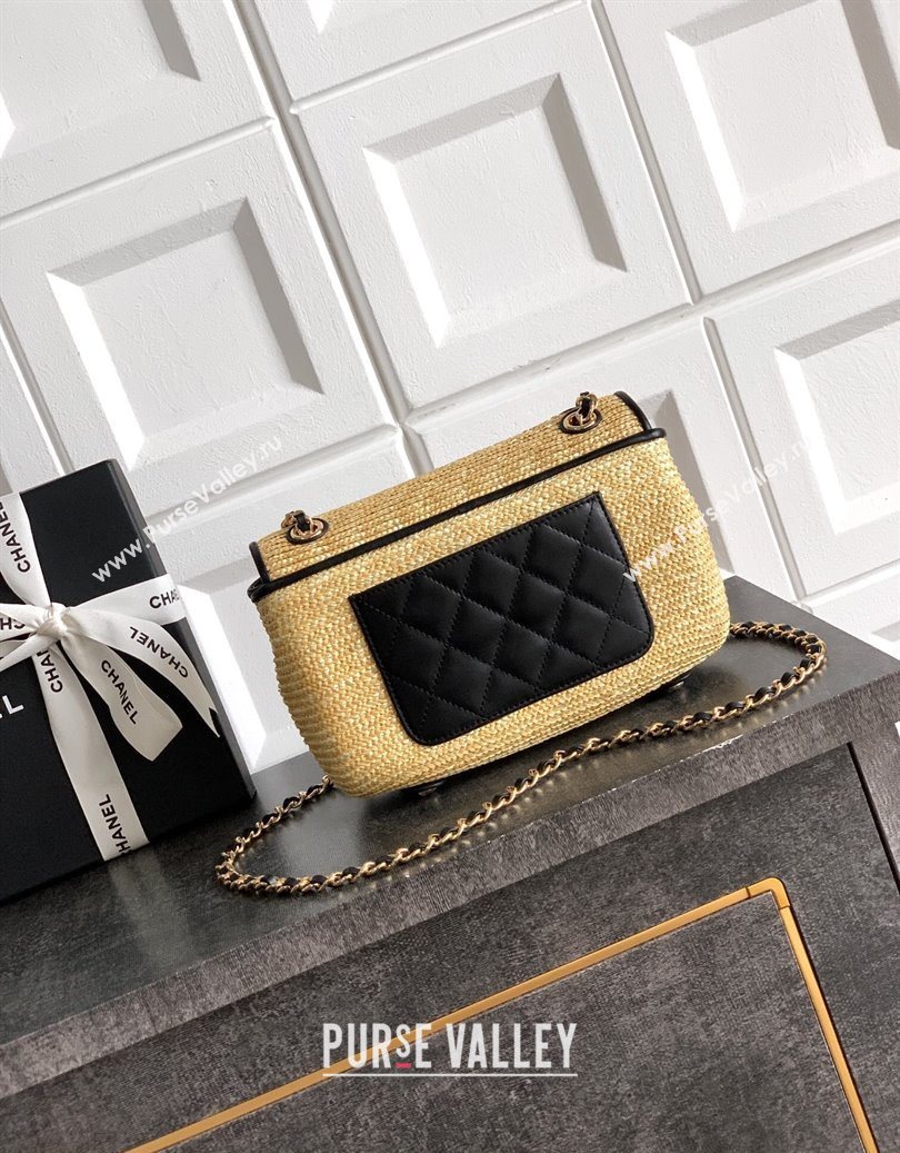 Chanel Raffia Straw and Calfskin Small Flap Bag AS5929 Beige/Black 2025 (yezi-251011016)