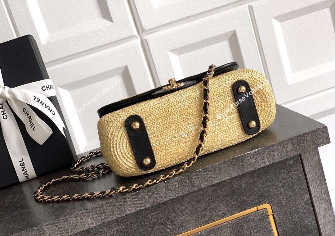 Chanel Raffia Straw and Calfskin Small Flap Bag AS5929 Beige/Black 2025 (yezi-251011016)