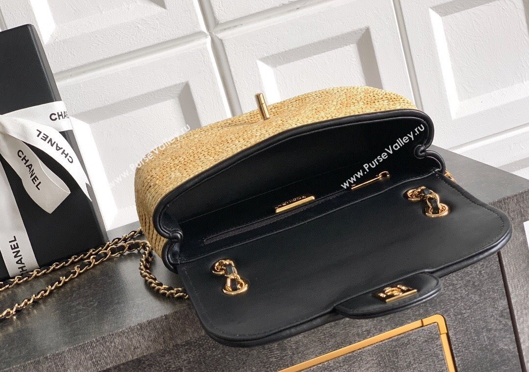 Chanel Raffia Straw and Calfskin Small Flap Bag AS5929 Beige/Black 2025 (yezi-251011016)