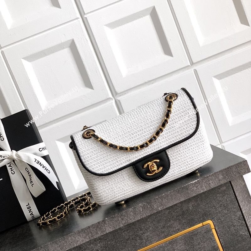Chanel Raffia Straw and Calfskin Small Flap Bag AS5929 White/Black 2025 (yezi-251011020)