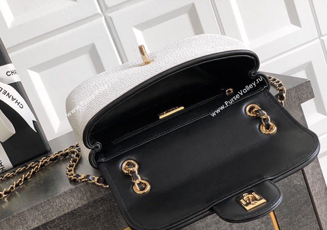 Chanel Raffia Straw and Calfskin Small Flap Bag AS5929 White/Black 2025 (yezi-251011020)