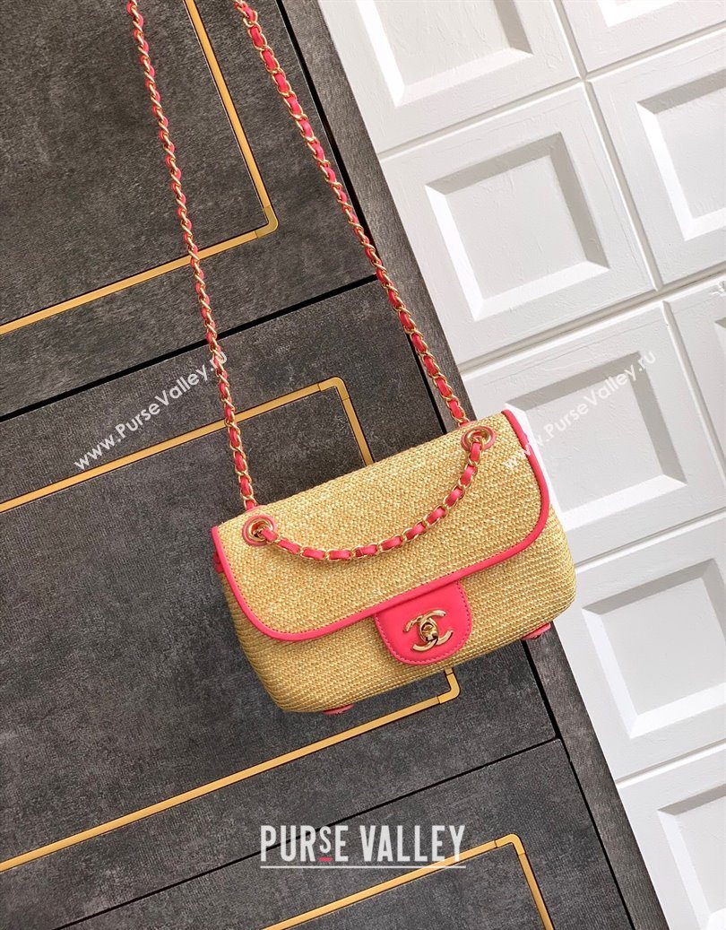 Chanel Raffia Straw and Calfskin Small Flap Bag AS5929 Beige/Pink 2025 (yezi-251011021)