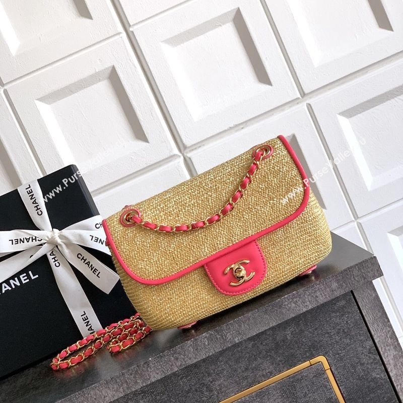 Chanel Raffia Straw and Calfskin Small Flap Bag AS5929 Beige/Pink 2025 (yezi-251011021)