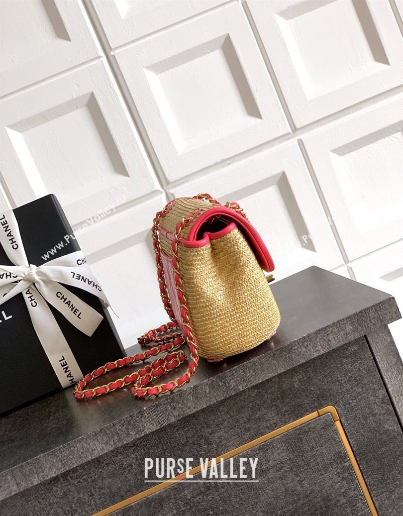 Chanel Raffia Straw and Calfskin Small Flap Bag AS5929 Beige/Pink 2025 (yezi-251011021)