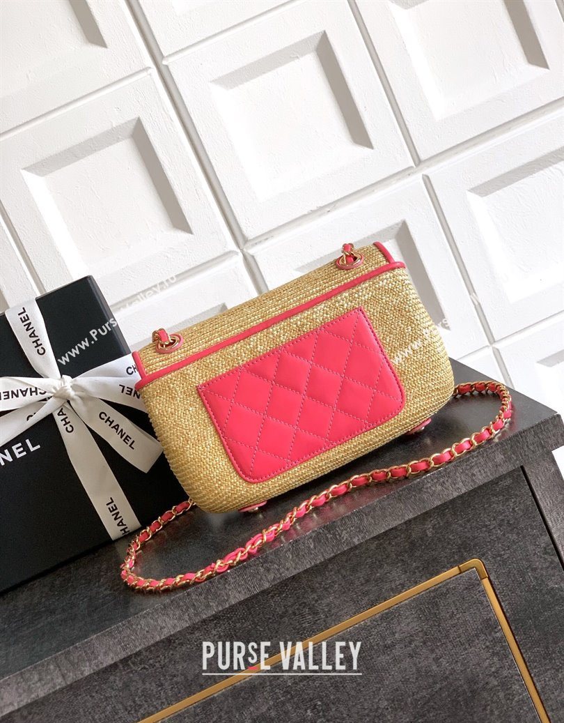 Chanel Raffia Straw and Calfskin Small Flap Bag AS5929 Beige/Pink 2025 (yezi-251011021)