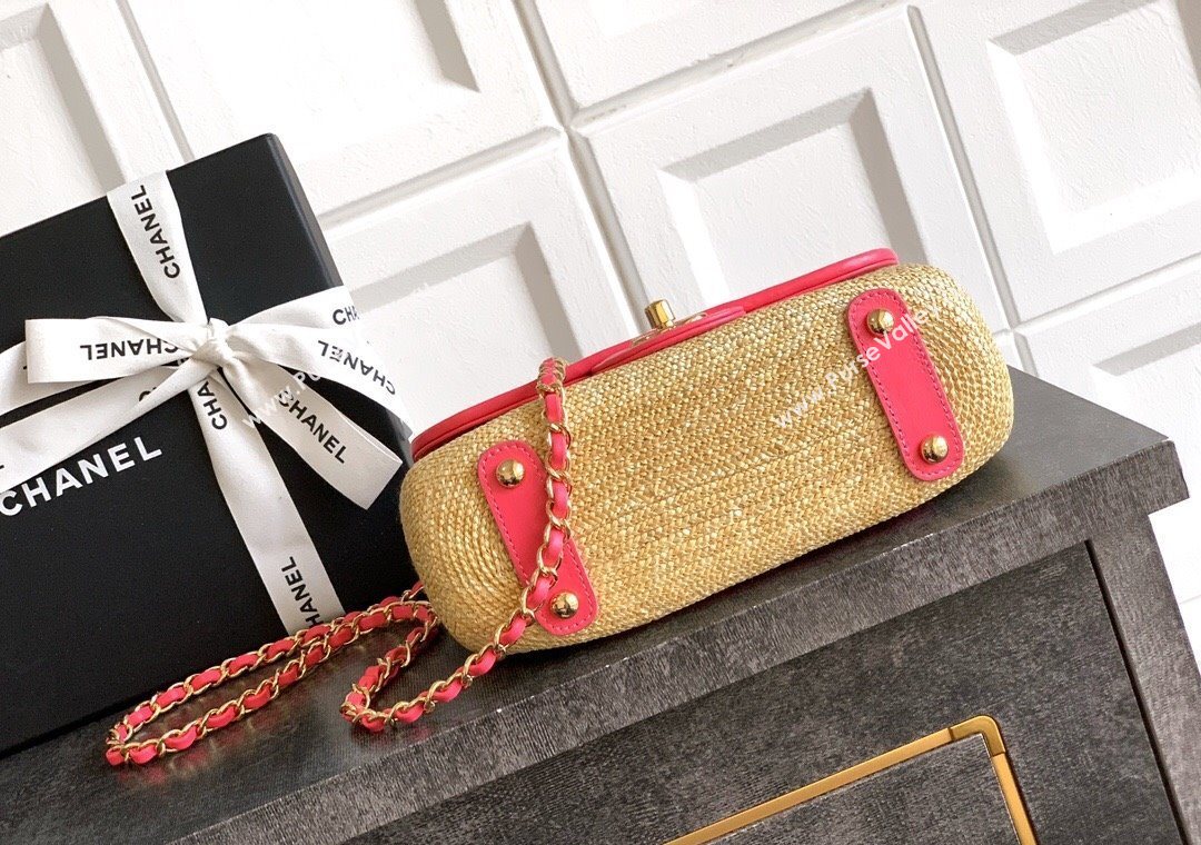 Chanel Raffia Straw and Calfskin Small Flap Bag AS5929 Beige/Pink 2025 (yezi-251011021)