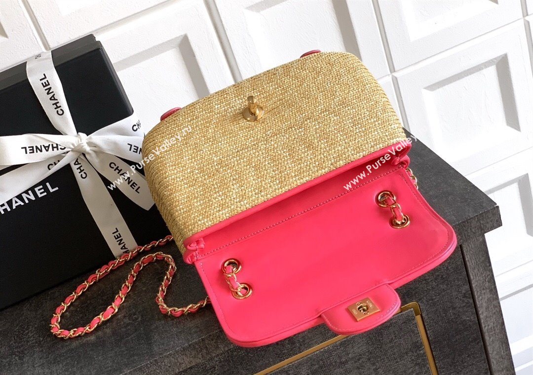 Chanel Raffia Straw and Calfskin Small Flap Bag AS5929 Beige/Pink 2025 (yezi-251011021)