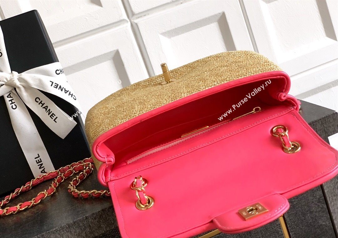 Chanel Raffia Straw and Calfskin Small Flap Bag AS5929 Beige/Pink 2025 (yezi-251011021)