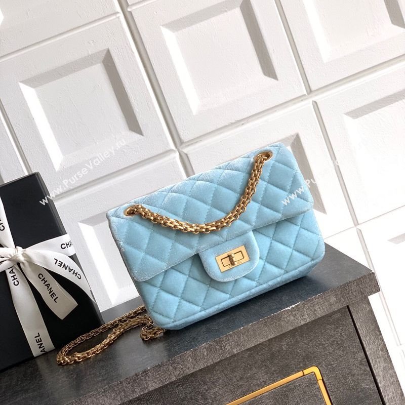 Chanel Velvet Mini 2.55 Flap Handbag Ice Blue 2025 AS0874 (yezi-251010116)