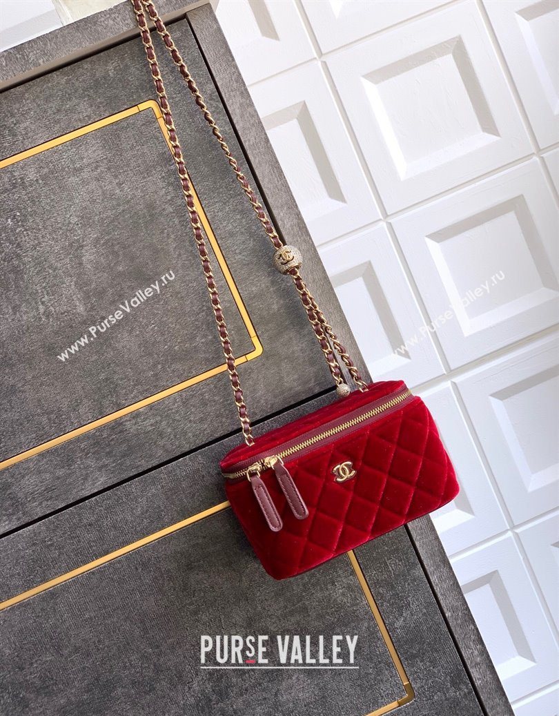 Chanel Velvet Vanity Case with Chain and Strass Ball Red 2025 CH101007 (yezi-251010127)
