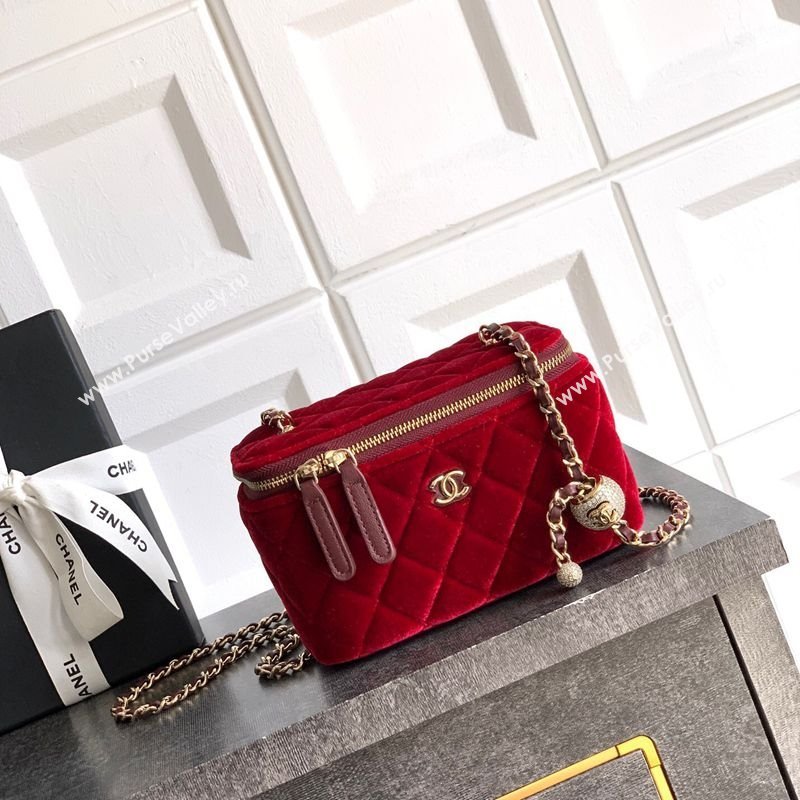 Chanel Velvet Vanity Case with Chain and Strass Ball Red 2025 CH101007 (yezi-251010127)